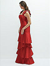 Front View Thumbnail - Poppy Red Bow-Shoulder Satin Maxi Dress with Asymmetrical Tiered Skirt