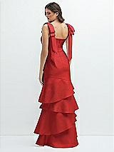 Rear View Thumbnail - Poppy Red Bow-Shoulder Satin Maxi Dress with Asymmetrical Tiered Skirt