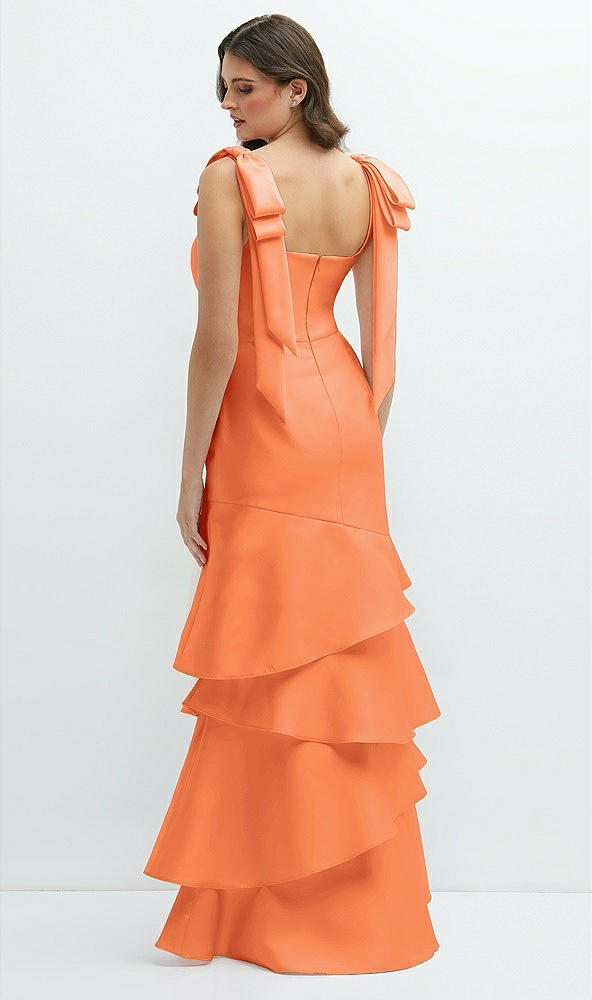 Back View - Portofino Orange Bow-Shoulder Satin Maxi Dress with Asymmetrical Tiered Skirt