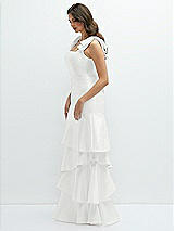 Front View Thumbnail - White Bow-Shoulder Satin Maxi Dress with Asymmetrical Tiered Skirt