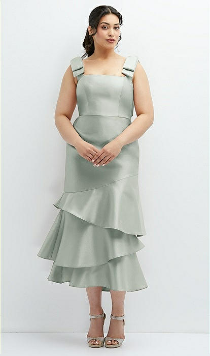 Bow-shoulder Satin Midi Bridesmaid Dress With Asymmetrical Tiered Skirt In  Willow Green | The Dessy Group