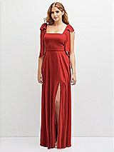 Front View Thumbnail - Poppy Red Bow Shoulder Square Neck Chiffon Maxi Dress
