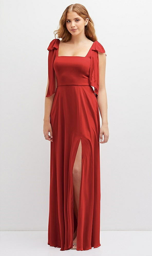 Front View - Poppy Red Bow Shoulder Square Neck Chiffon Maxi Dress