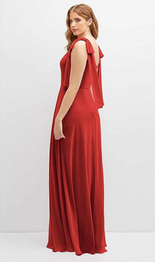Back View - Poppy Red Bow Shoulder Square Neck Chiffon Maxi Dress