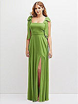 Front View Thumbnail - Peridot Green Bow Shoulder Square Neck Chiffon Maxi Dress