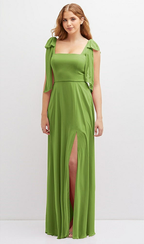 Front View - Peridot Green Bow Shoulder Square Neck Chiffon Maxi Dress