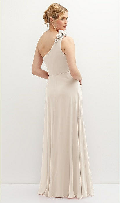 Handworked Flower Trimmed One-shoulder Chiffon Maxi Bridesmaid Dress In Oat  | The Dessy Group