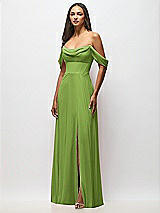 Front View Thumbnail - Peridot Green Chiffon Corset Maxi Dress with Removable Off-the-Shoulder Swags
