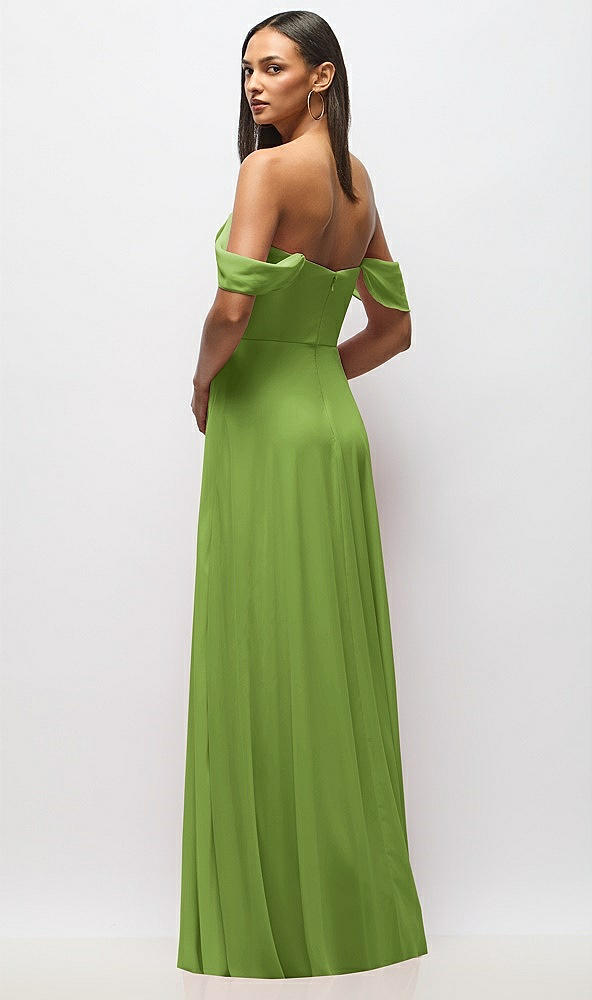 Back View - Peridot Green Chiffon Corset Maxi Dress with Removable Off-the-Shoulder Swags