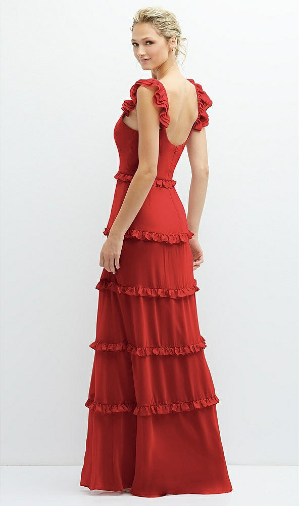 Back View - Poppy Red Tiered Chiffon Maxi A-line Dress with Convertible Ruffle Straps