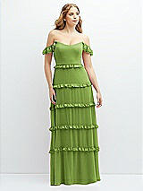 Alt View 1 Thumbnail - Peridot Green Tiered Chiffon Maxi A-line Dress with Convertible Ruffle Straps