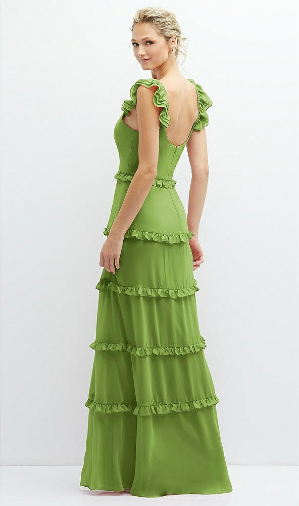Back View - Peridot Green Tiered Chiffon Maxi A-line Dress with Convertible Ruffle Straps