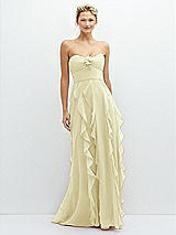 Front View Thumbnail - Butter Yellow Strapless Vertical Ruffle Chiffon Maxi Dress with Flower Detail