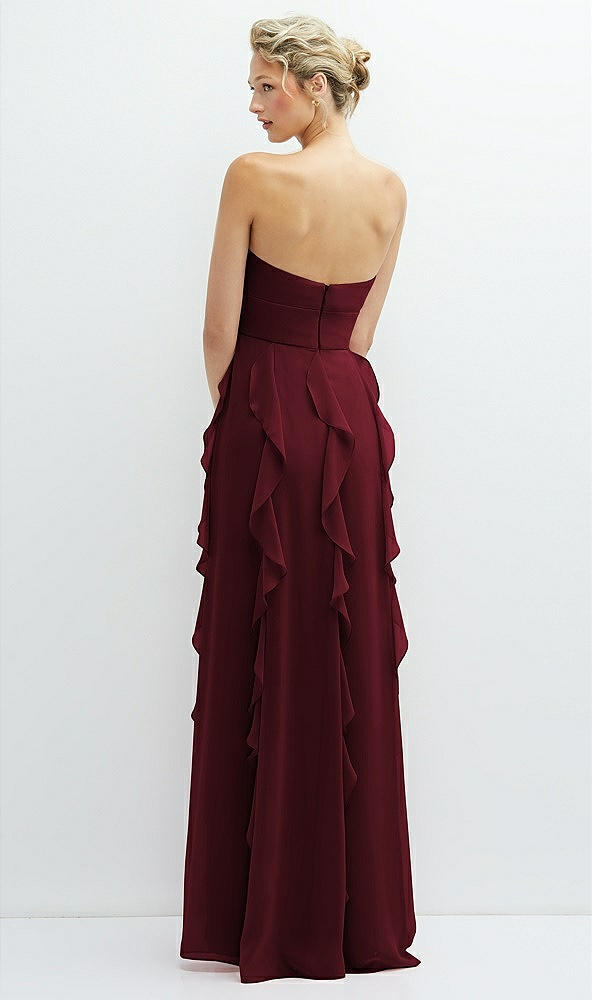 Back View - Cabernet Strapless Vertical Ruffle Chiffon Maxi Dress with Flower Detail