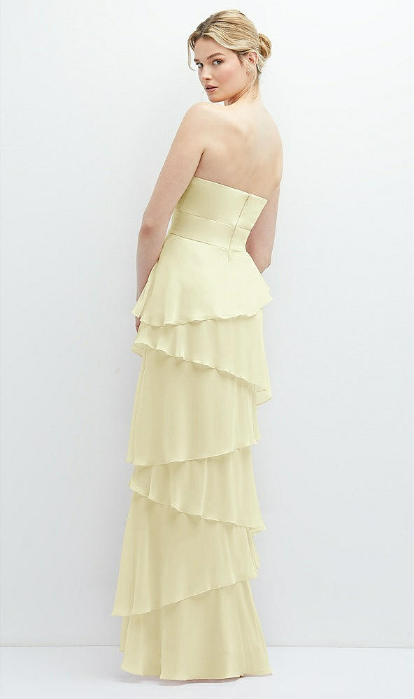 Back View - Butter Yellow Strapless Asymmetrical Tiered Ruffle Chiffon Maxi Dress with Handworked Flower Detail