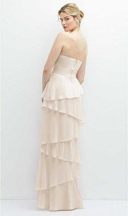 Strapless Asymmetrical Tiered Ruffle Chiffon Maxi Bridesmaid Dress With  Handworked Flower Detail In Oat | The Dessy Group