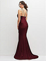 Rear View Thumbnail - Cabernet Halter Asymmetrical Draped Stretch Satin Mermaid Dress with Rhinestone Straps