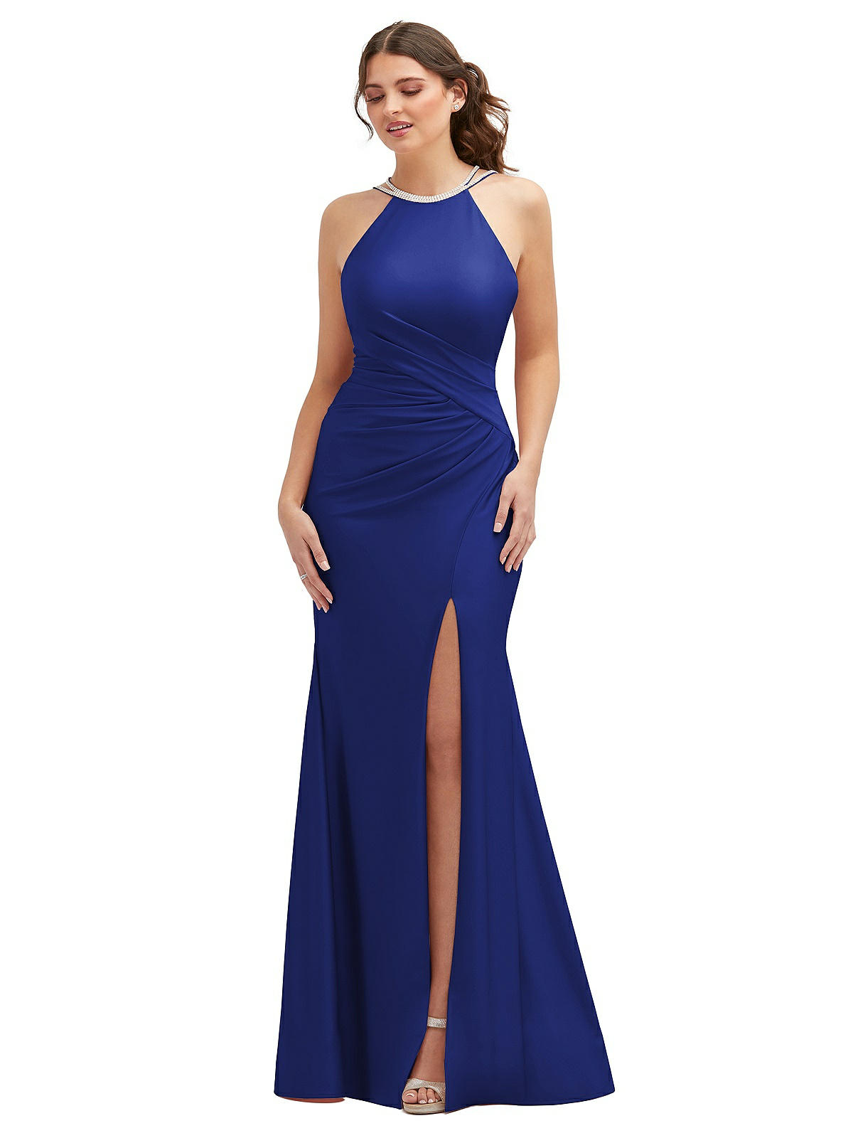 Halter Asymmetrical Draped Stretch Satin Mermaid Bridesmaid Dress With  Rhinestone Straps In Cobalt Blue | The Dessy Group