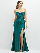 Front View Thumbnail - Peacock Teal Strapless Basque-Neck Draped Stretch Satin Mermaid Dress with Horsehair Hem
