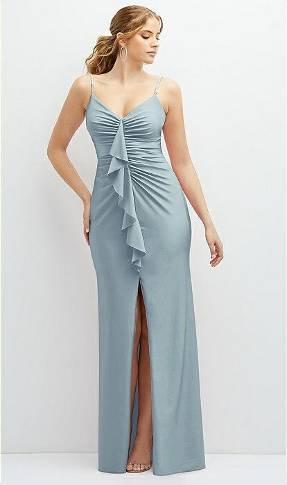 Rhinestone Strap Stretch Satin Maxi Bridesmaid Dress With Vertical Cascade  Ruffle In Mist