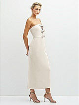 Side View Thumbnail - Ivory Rhinestone Bow Trimmed Peek-a-Boo Deep-V Midi Dress with Pencil Skirt