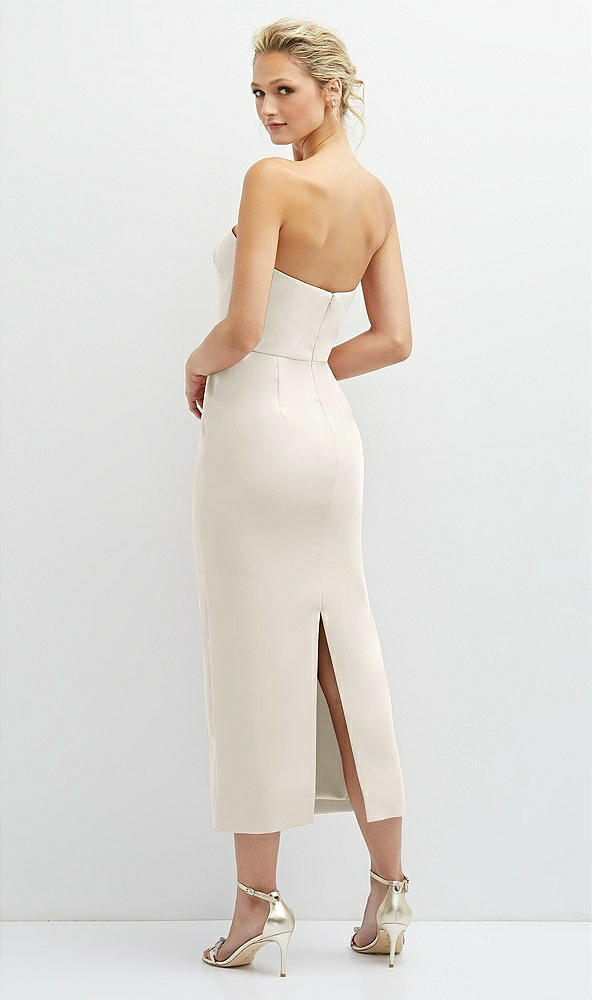 Back View - Ivory Rhinestone Bow Trimmed Peek-a-Boo Deep-V Midi Dress with Pencil Skirt