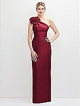 Front View Thumbnail - Burgundy Oversized Flower One-Shoulder Satin Column Dress