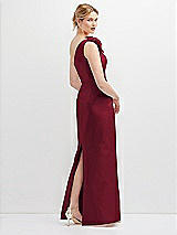 Rear View Thumbnail - Burgundy Oversized Flower One-Shoulder Satin Column Dress