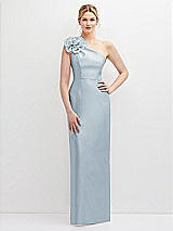 Front View Thumbnail - Mist Oversized Flower One-Shoulder Satin Column Dress