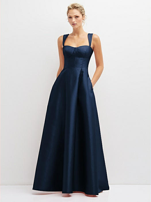 Lace-Up Back Bustier Satin Dress with Full Skirt and Pockets