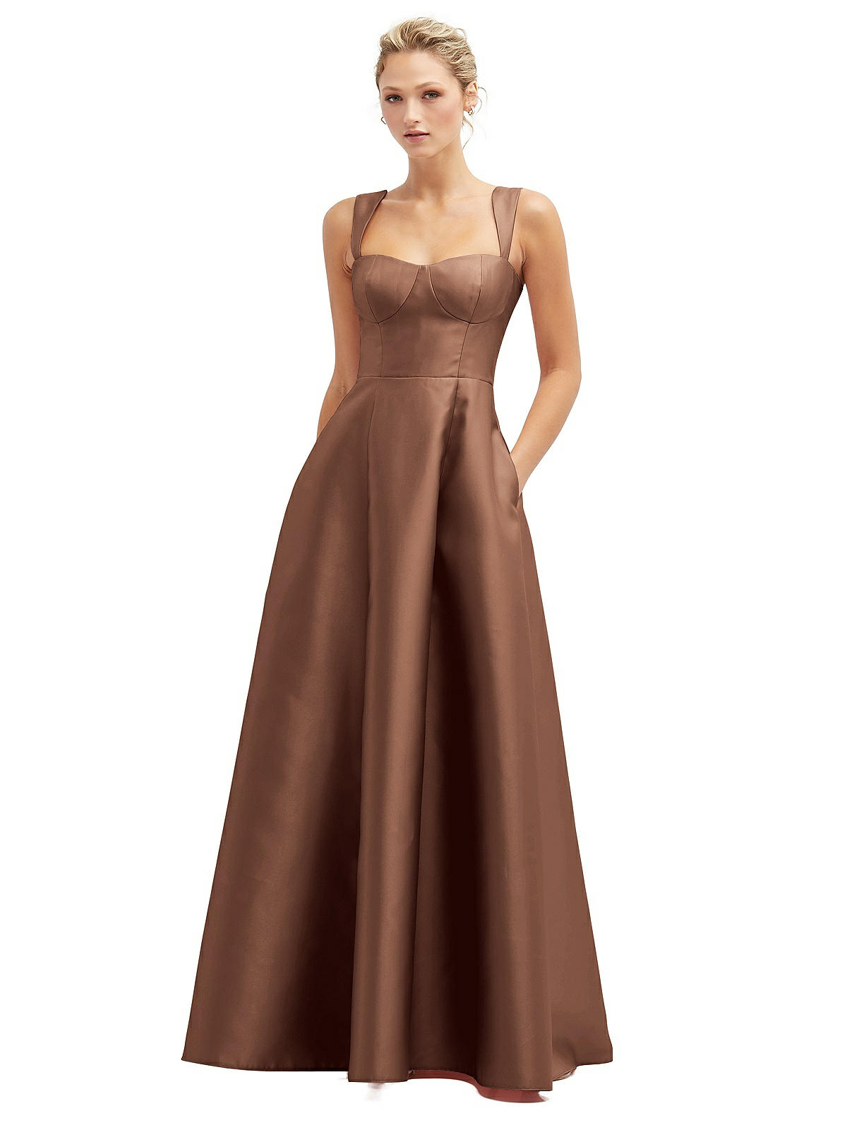 Alfred Sung Lace-Up Back Bustier Satin Dress with Full Skirt and Pockets - D852 - Pink