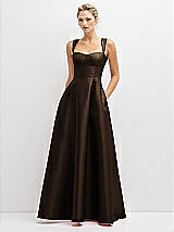 Front View Thumbnail - Espresso Lace-Up Back Bustier Satin Dress with Full Skirt and Pockets