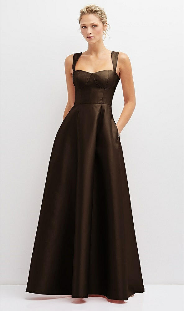 Front View - Espresso Lace-Up Back Bustier Satin Dress with Full Skirt and Pockets