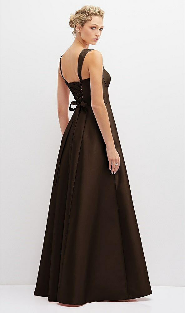 Back View - Espresso Lace-Up Back Bustier Satin Dress with Full Skirt and Pockets