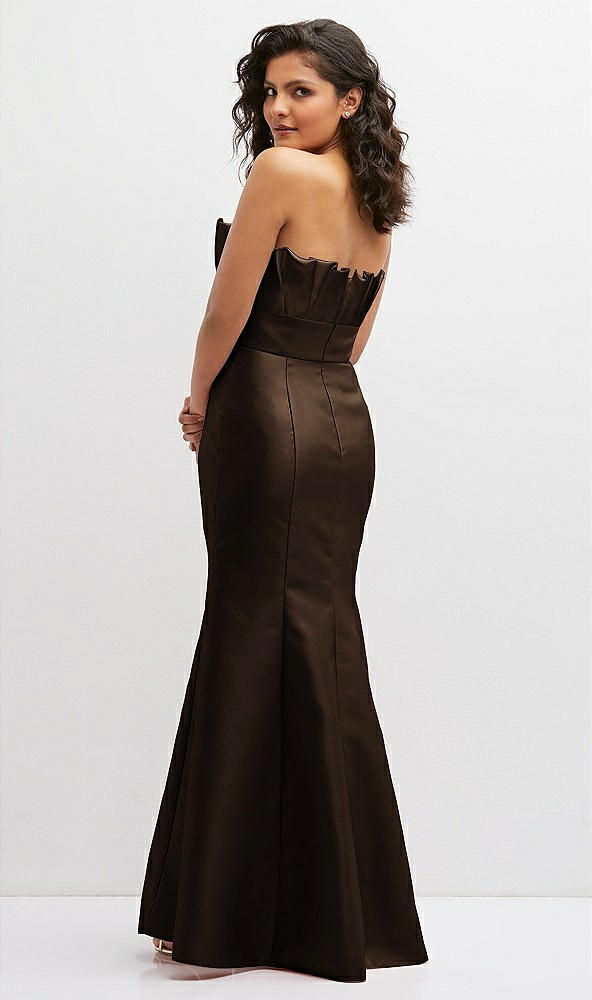 Back View - Espresso Strapless Satin Fit and Flare Dress with Crumb-Catcher Bodice