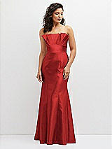 Front View Thumbnail - Poppy Red Strapless Satin Fit and Flare Dress with Crumb-Catcher Bodice