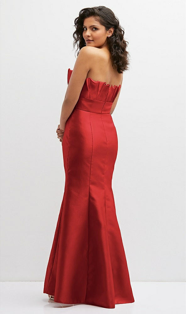 Back View - Poppy Red Strapless Satin Fit and Flare Dress with Crumb-Catcher Bodice
