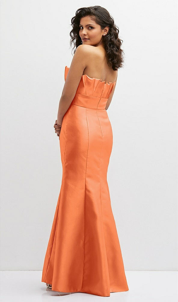 Back View - Portofino Orange Strapless Satin Fit and Flare Dress with Crumb-Catcher Bodice