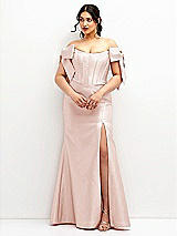 Front View Thumbnail - Blush Off-the-Shoulder Bow Satin Corset Dress with Fit and Flare Skirt