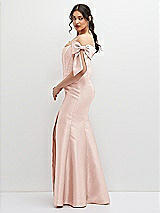 Side View Thumbnail - Blush Off-the-Shoulder Bow Satin Corset Dress with Fit and Flare Skirt