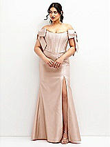 Front View Thumbnail - Cameo Off-the-Shoulder Bow Satin Corset Dress with Fit and Flare Skirt