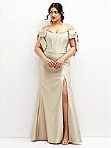 Front View Thumbnail - Champagne Off-the-Shoulder Bow Satin Corset Dress with Fit and Flare Skirt