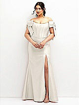 Front View Thumbnail - Ivory Off-the-Shoulder Bow Satin Corset Dress with Fit and Flare Skirt