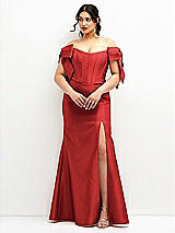 Front View Thumbnail - Poppy Red Off-the-Shoulder Bow Satin Corset Dress with Fit and Flare Skirt