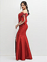 Side View Thumbnail - Poppy Red Off-the-Shoulder Bow Satin Corset Dress with Fit and Flare Skirt
