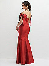 Rear View Thumbnail - Poppy Red Off-the-Shoulder Bow Satin Corset Dress with Fit and Flare Skirt
