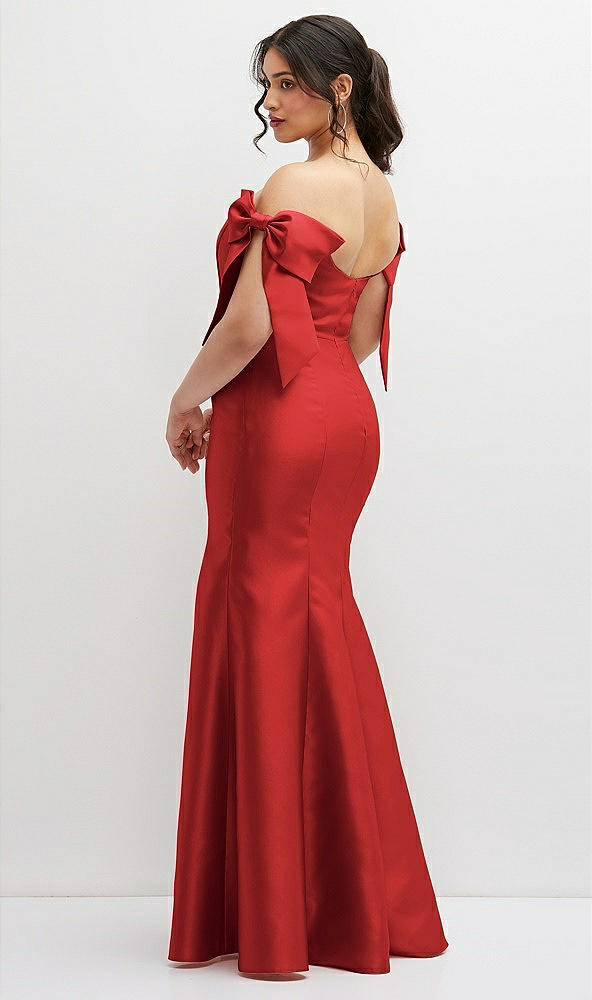 Back View - Poppy Red Off-the-Shoulder Bow Satin Corset Dress with Fit and Flare Skirt