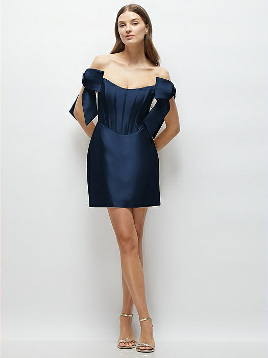 Satin Off-the-Shoulder Bow Corset Fit and Flare Mini Dress