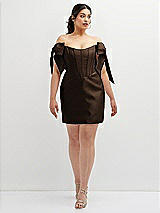 Alt View 2 Thumbnail - Espresso Satin Off-the-Shoulder Bow Corset Fit and Flare Mini Dress