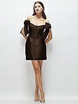 Front View Thumbnail - Espresso Satin Off-the-Shoulder Bow Corset Fit and Flare Mini Dress